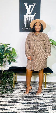 Bertha Plaid Button Down Tunic Dress (Brown)