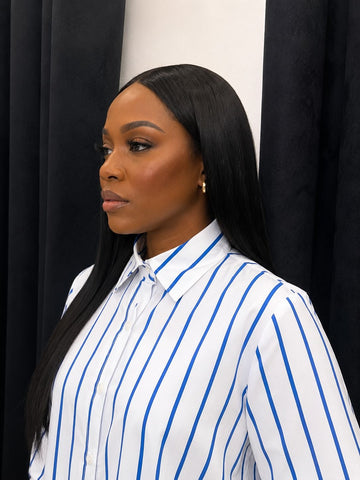 KEATON BLUE PINSTRIPE DROP WAIST SHIRT MINI DRES