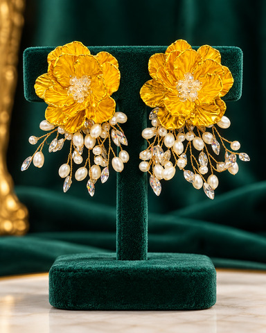 Solmara Bloom Pearl Cascade Statement Earrings - Gold