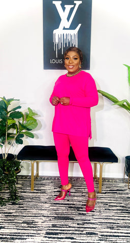 Cuttie Round Neck Long Sleeve 2 Piece Lounge Set (Hot Pink)