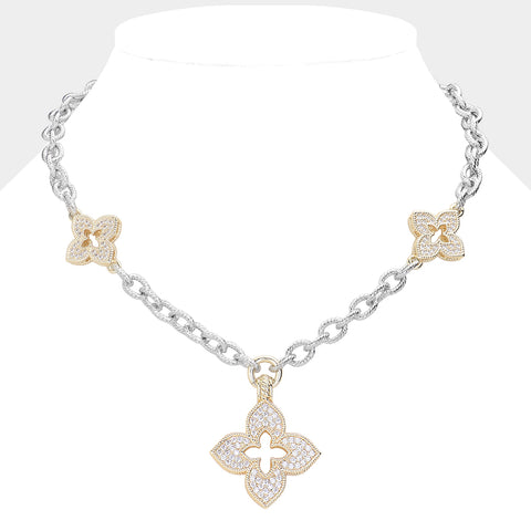 ROXY Gold Plated CZ Stone Paved Clover Pendant in Necklace (Silver)
