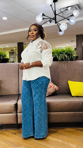 Mireya Vintage Mesh Embroidered Pearl Shirt / Top - White