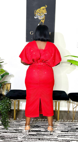 Dawn Pearl V -Neck Belted Occasion Dress (Red)