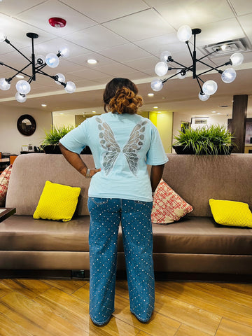 Gilded Wings Butterfly Mesh Cutout Oversized Tee (Blue)