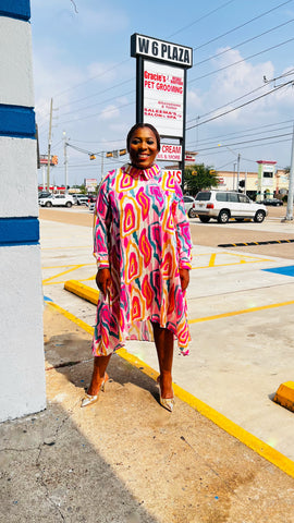 AMIRA MIDI MULTICOLOR SWIRL DRESS (Pink)