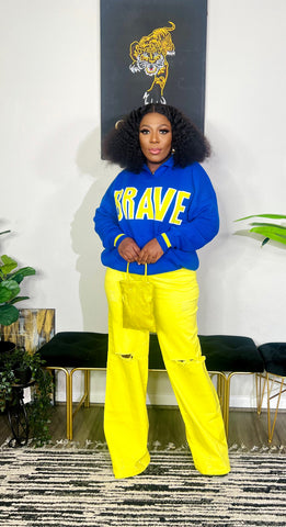Brave Oversized Collared Long Sleeve Sweater Top ( Royal Blue/Neon Yellow)