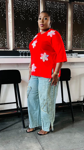 Artisan Knit Floral Appliqué Top 
(Red)