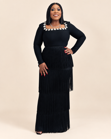Bellavie Floral Fringe Bandage Maxi Dress