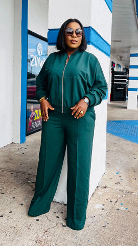 Keep It Classy Zip Up Wide Leg Pants Set (Green)
