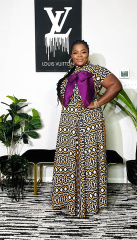 SUDAN TRIBAL PRINT FRONT BOW DRESS (Purple)