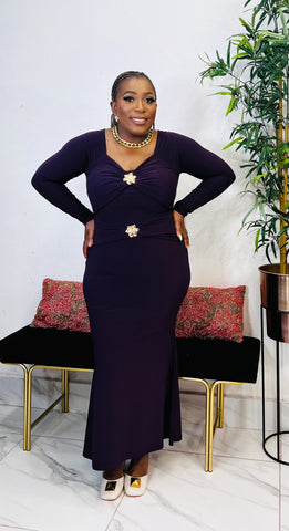 ARIANA MERMAID GOLD BOLD BUTTON MIDI DRESS ( Purple)
