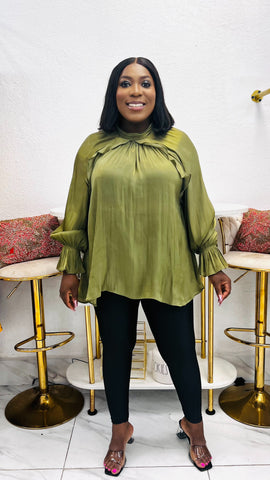 Verona Ruffle Detail Statement Blouse - Olive Green
