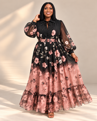 Harriet Beaded Floral Chiffon Maxi Belted Dress