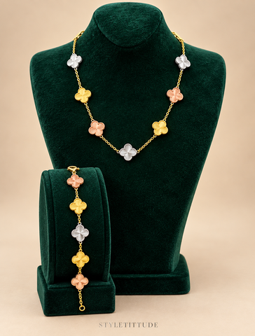 Fortune Tri-Tone Clover Necklace & Bracelet Set - Gold