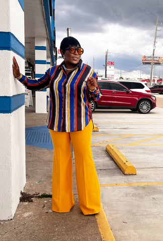 JANICE SILK MULTICOLOR STRIPE SHIRT TOP (MUSTARD)