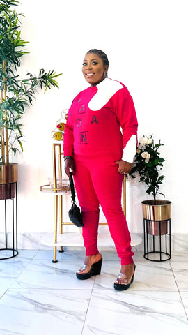 ANDREA ALPHABET RHINESTONE 2 PIECE SWEATER PANT SET (Fushia Pink)