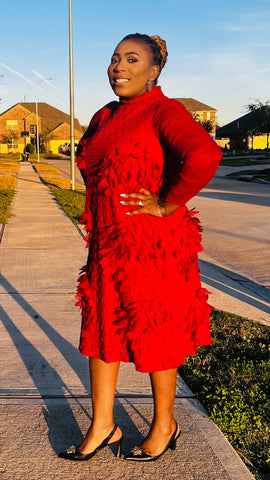 REVNA TEXTURED 3D PETAL MIDI DRESS (Red)