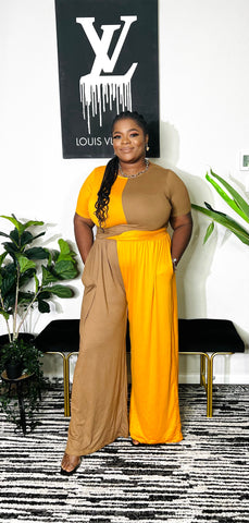 SHEILA HALF AND HALF CROP TOP WIDE LEG PANT SET (Mustard)