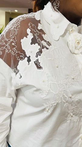 Mireya Vintage Mesh Embroidered Pearl Shirt / Top - White