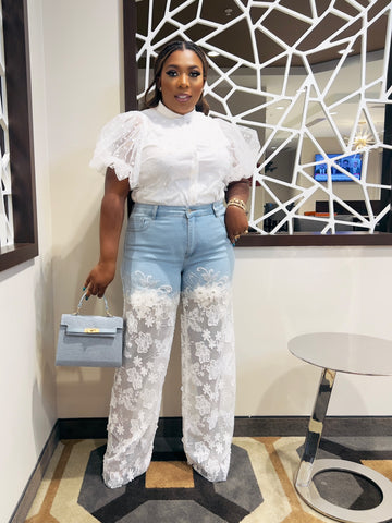 SAMANTHA FLORAL LACE PANEL JEANS PANT