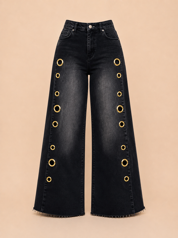 Survette Grommet Asymmetric Wide-Leg Jeans – Black