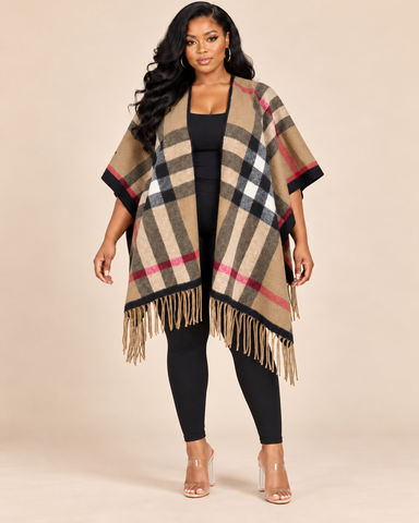 Kensington Plaid Fringe Poncho – Camel