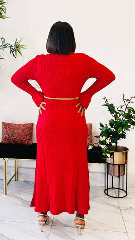 MARTHA RIBBED V-NECK SWEATER DRESS (red)