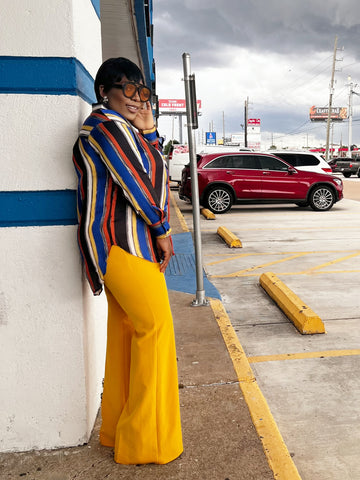 JANICE SILK MULTICOLOR STRIPE SHIRT TOP (MUSTARD)
