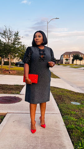 GISELLE PEEKABOO LUXE BOW SHIFT DRESS(Grey)