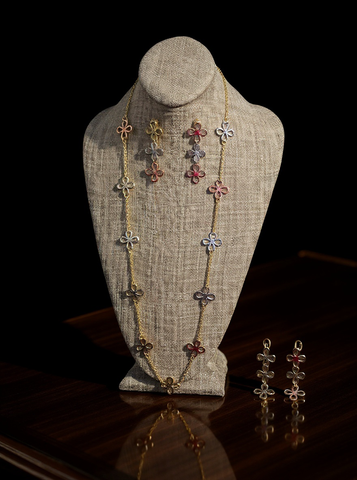 Radiant Petals 3-Tone Long Necklace / Drop Earrings Set