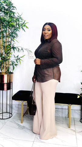 Brown Midnight Dotted Illusion Sheer Mesh Button-Up Shirt Top