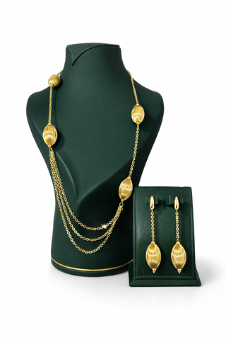 Miyava Oval Ball Long Necklace With Matching Earrings (Gold)