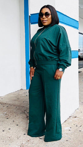 Keep It Classy Zip Up Wide Leg Pants Set (Green)