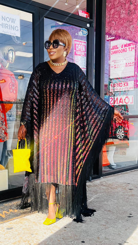 HERRERA OCCASION DAZZLING SEQUIN FRINGE FITTED KAFTAN DRESS