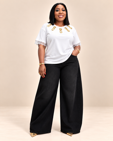 Liora Gold Hardware Brooch  Lace-Trim Top