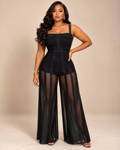 Yvette Illusion Stripe Mesh Wide-Leg Jumpsuit / Romper