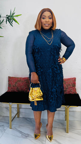 REVNA TEXTURED 3D PETAL MIDI DRESS ( Navy blue)