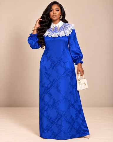 Dorothea Lace-Collar Satin Jacquard Maxi Dress