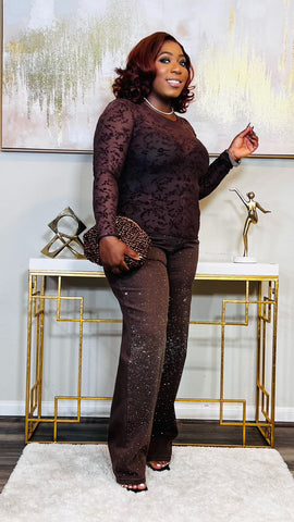 The Moiré Suede Sheer Mesh Floral Top (Brown)