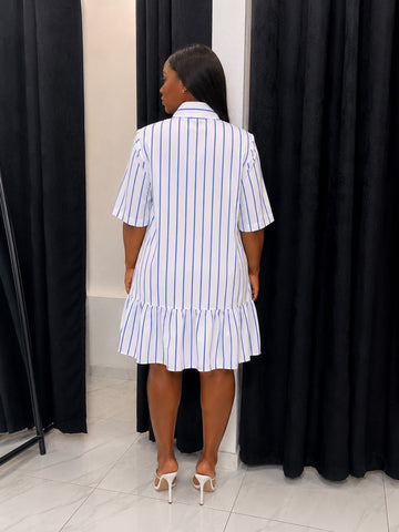 KEATON BLUE PINSTRIPE DROP WAIST SHIRT MINI DRES