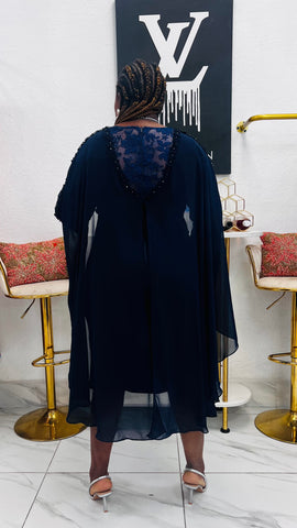 The NOIRÉLLE Embellished Cape Sleeve Elegance Dress - Navy