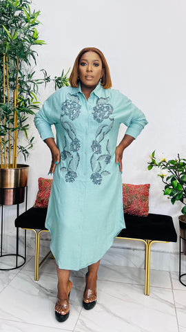 CHARMAINE SEQUINED EMBROIDERY LINEN BLEND SHIRT DRESS