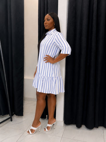 KEATON BLUE PINSTRIPE DROP WAIST SHIRT MINI DRES