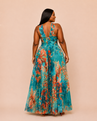 Oceana Pleated Halter Garden Maxi Dress – Teal Multi