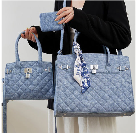 LORNA 3IN1 QUILTED DENIM SCARF HANDLE SATCHEL BAG