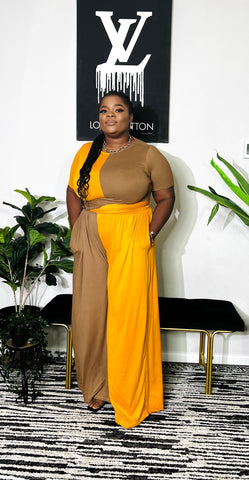SHEILA HALF AND HALF CROP TOP WIDE LEG PANT SET (Mustard)