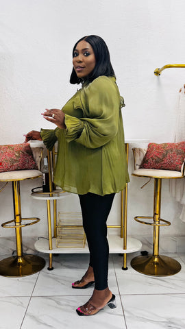 Verona Ruffle Detail Statement Blouse - Olive Green