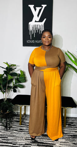 SHEILA HALF AND HALF CROP TOP WIDE LEG PANT SET (Mustard)