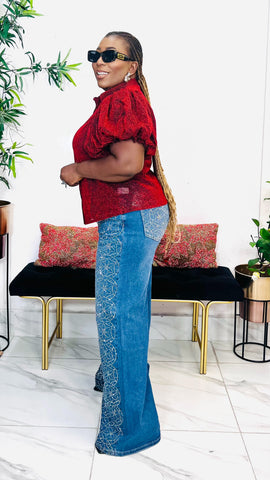 ROULETTE SHIMMER PUFF SLEEVE TOP (Red)