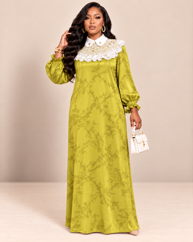 Dorothea Lace-Collar Satin Jacquard Maxi Dress